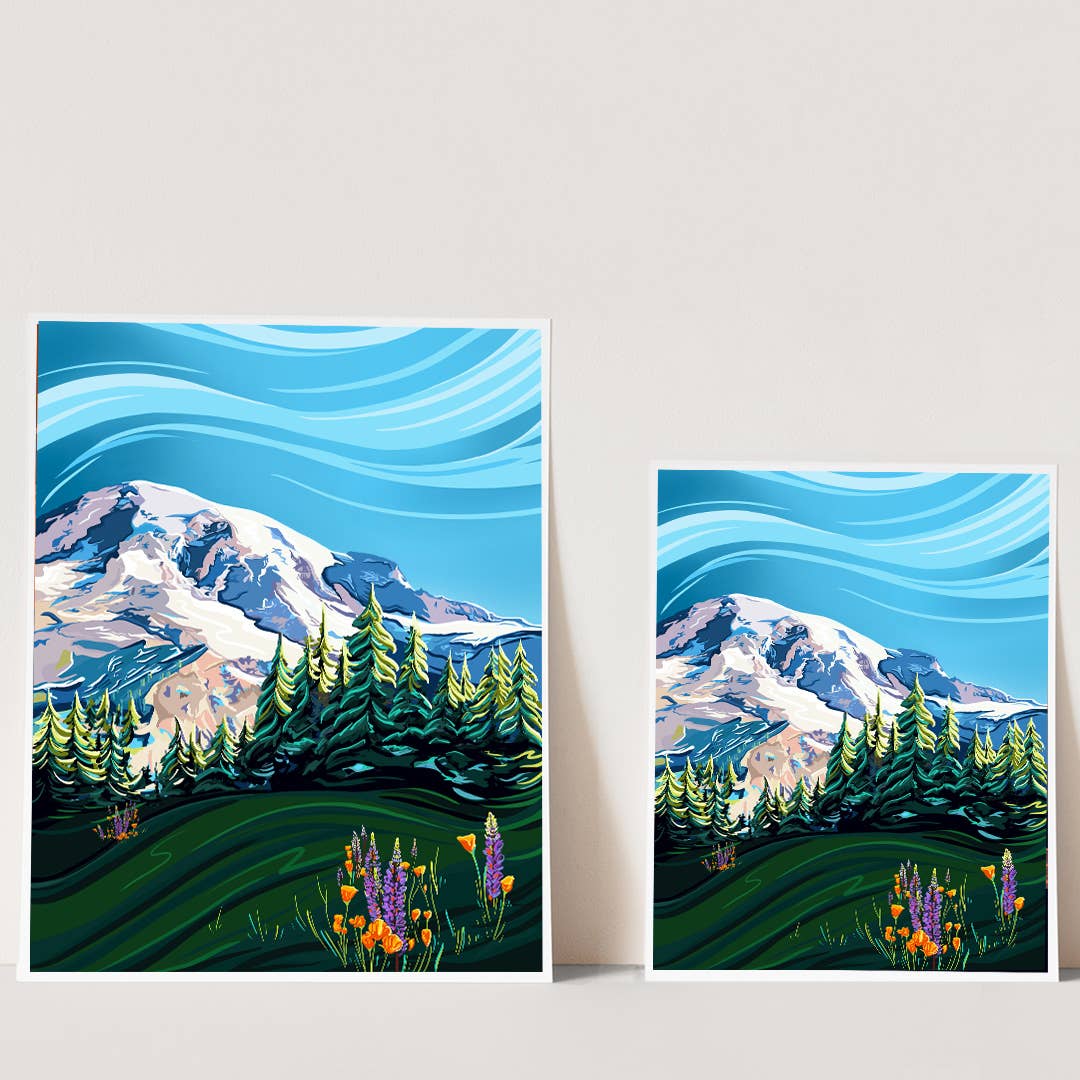 Mountain Rainier with Wildflowers Art Prints (11x14) - Pine & Moss