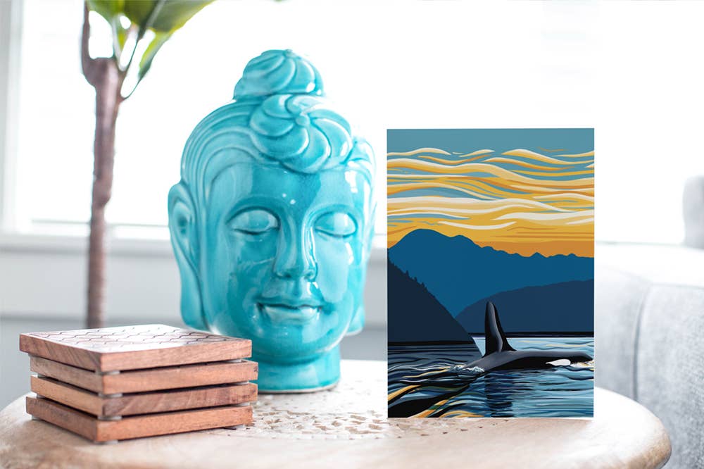Orca Evening Swim - Puget Sound Greeting Card- 5" x 7" - Pine & Moss