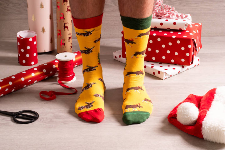 Men's Ugly Christmas Moose Mismatched Mid-calf Socks