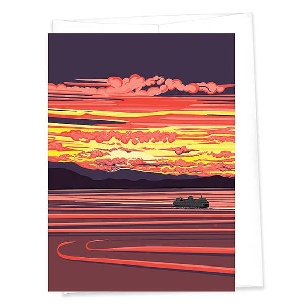 Shimmering Sea - WA Ferry at Sunset Greeting Card - Pine & Moss