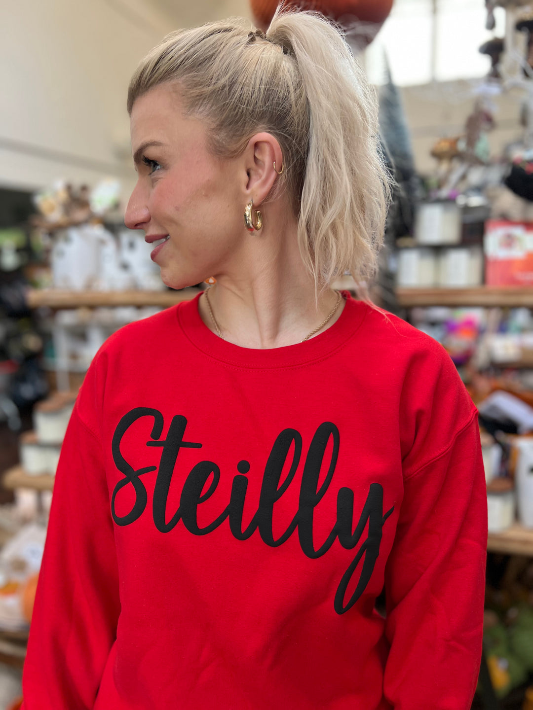 Steilly Puff Sweatshirt: Red with Black Lettering