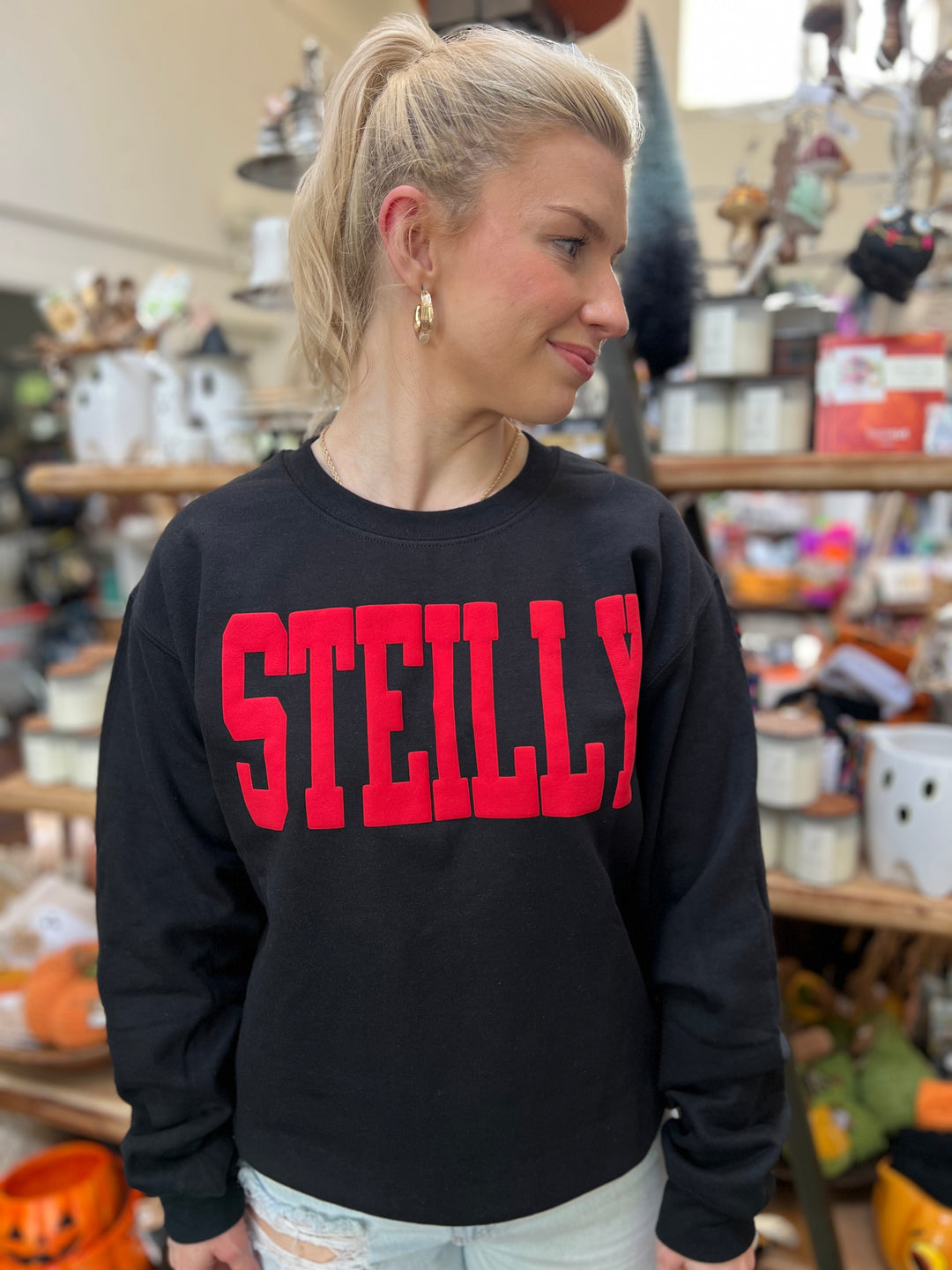 Steilly Puff Sweatshirt: Black with Red lettering