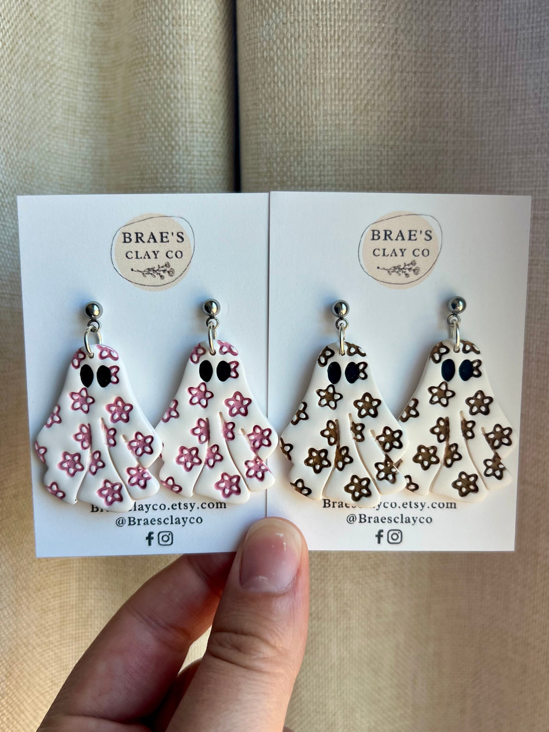 Brae's Clay Co.- Floral Debossed Ghost Earrings (Two Colors)