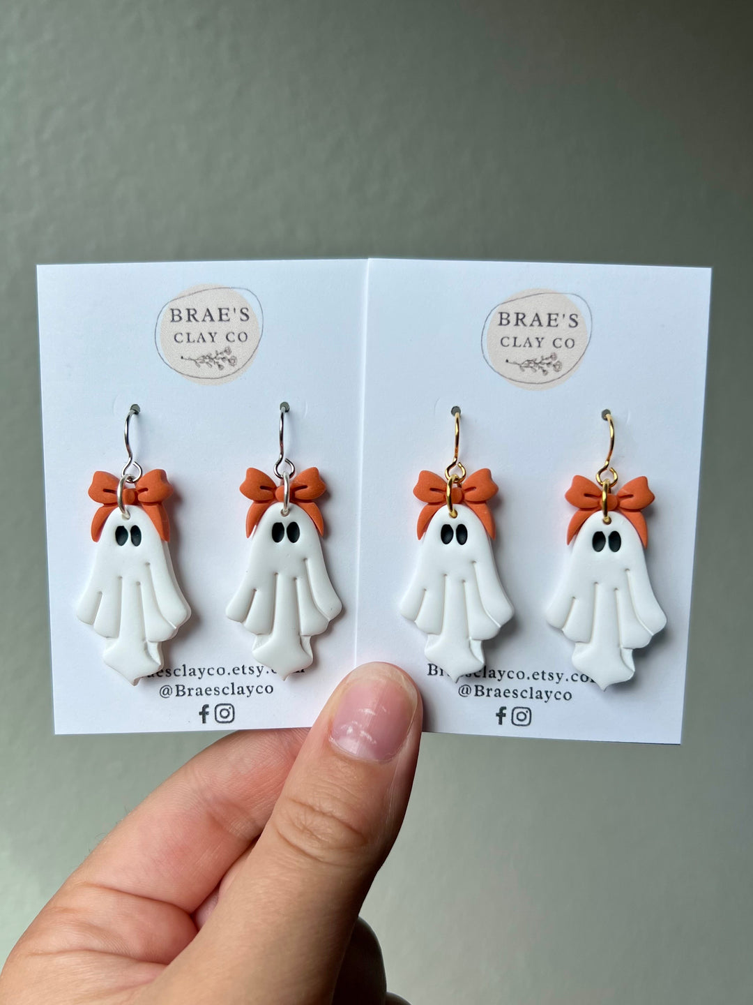 Brae's Clay Co. Orange Bow Ghost Earrings
