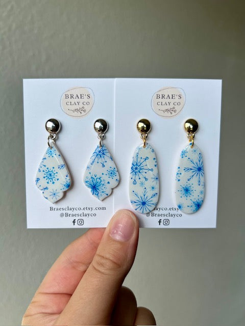 Brae's Clay Co. Blue Snowflake Dangle Earrings- Two Styles