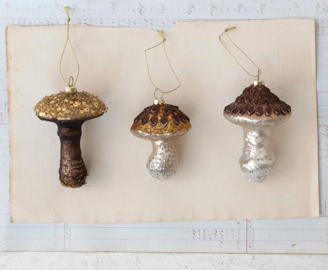Mercury Glass Mushroom Ornament - Pine & Moss