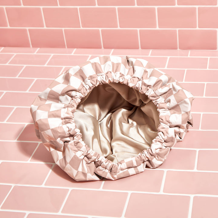 Satin Lined Flexi Shower Cap - Terracotta Checker - Pine & Moss