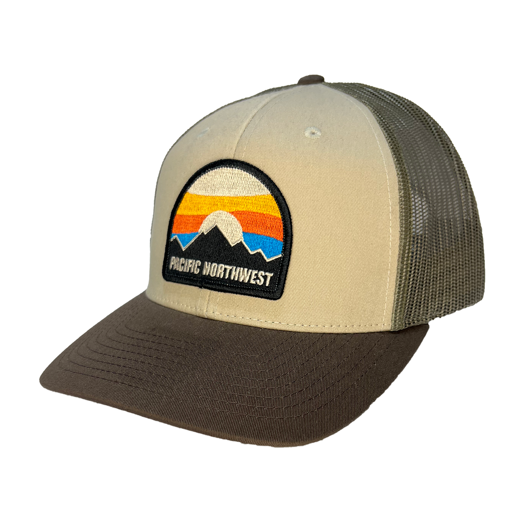Bright Sky Curved Bill Trucker Patch Hat: TAN