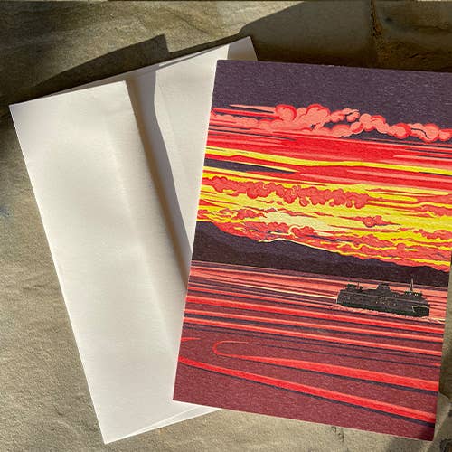 Shimmering Sea - WA Ferry at Sunset Greeting Card - Pine & Moss
