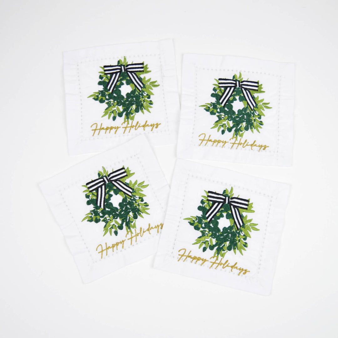 Holiday Wreath Embroidered Cocktail Napkin Set - Pine & Moss