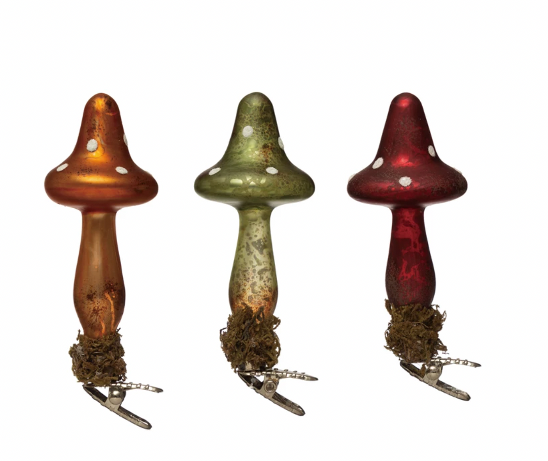 Hand-painted Mercury Glass Mushroom Ornament- 3 Colors - Pine & Moss