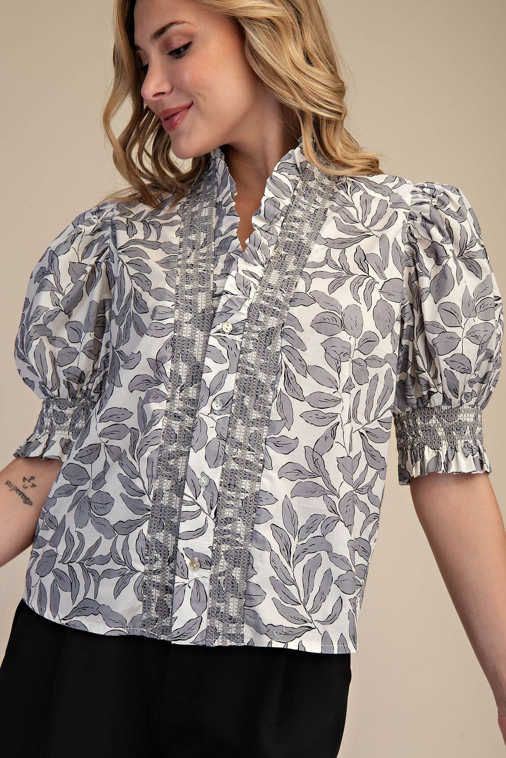 Lila Ruffle V-Neck Smocked Puff Sleeve Blouse- Black - Pine & Moss