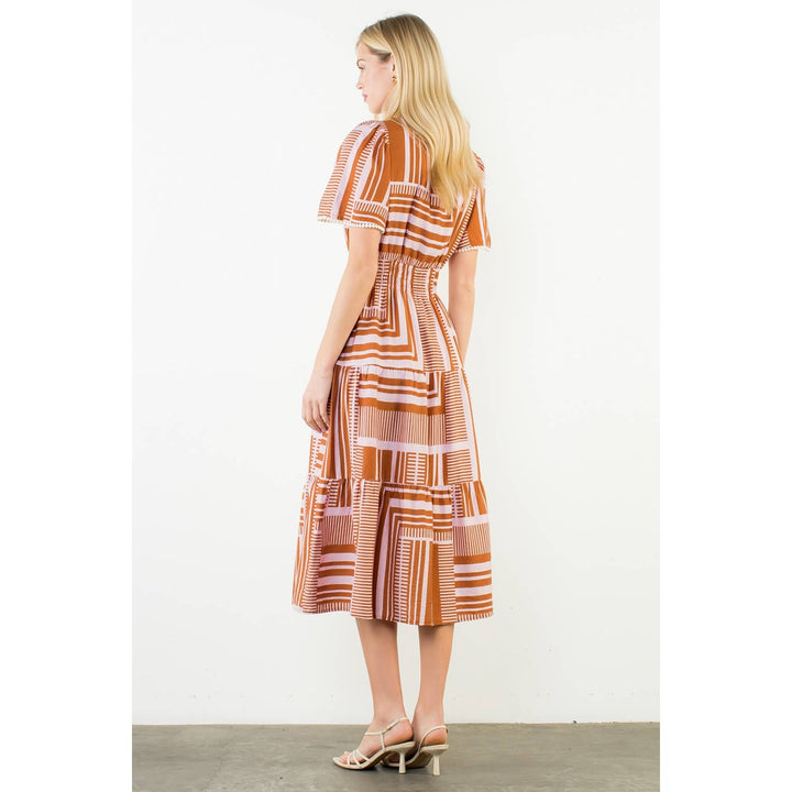 Maribel- Short Sleeve Pattern Smocked Midi Dress - Pine & Moss