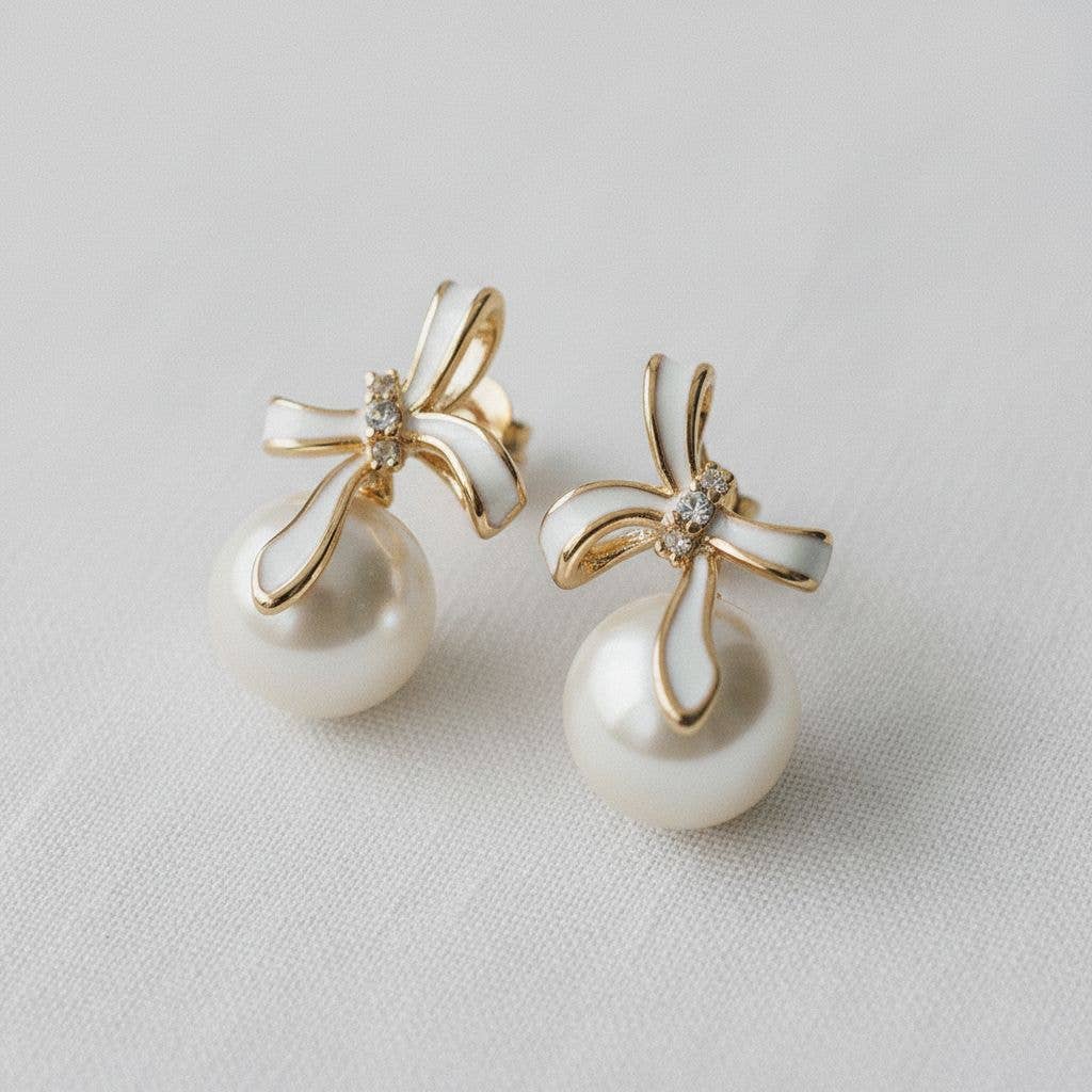 Devotion- Pearl Bowknot Stud Earrings with French Elegance - Pine & Moss