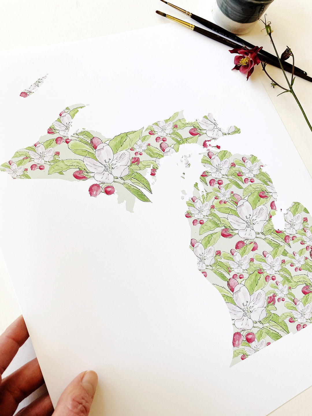 Michigan State Flower Map - ART PRINT : Watercolor / 8" x 10"