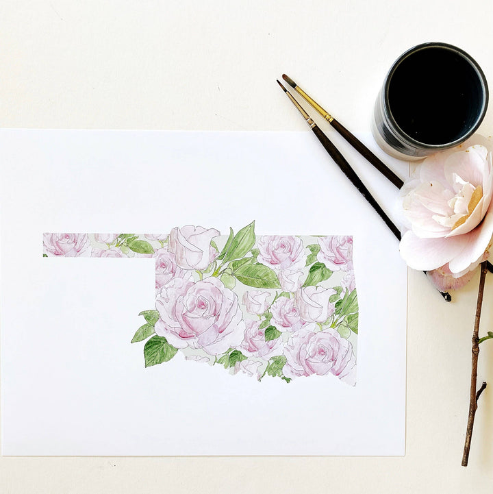 Oklahoma State Flower Map - ART PRINT   : Watercolor / 8" x 10"