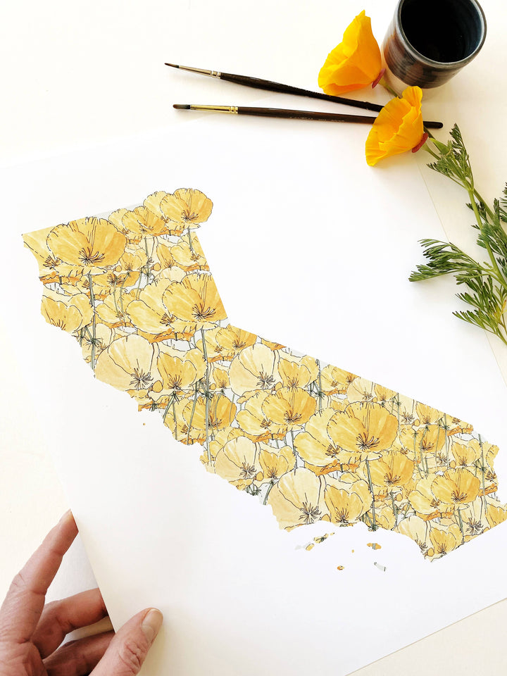 California State Flower Map - ART PRINT   : Watercolor / 8" x 10"