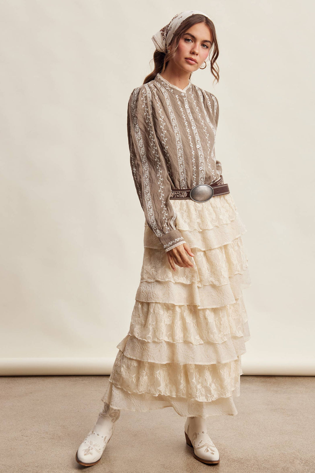 Lillian Embroidered Lace Trim Button-Up Blouse
