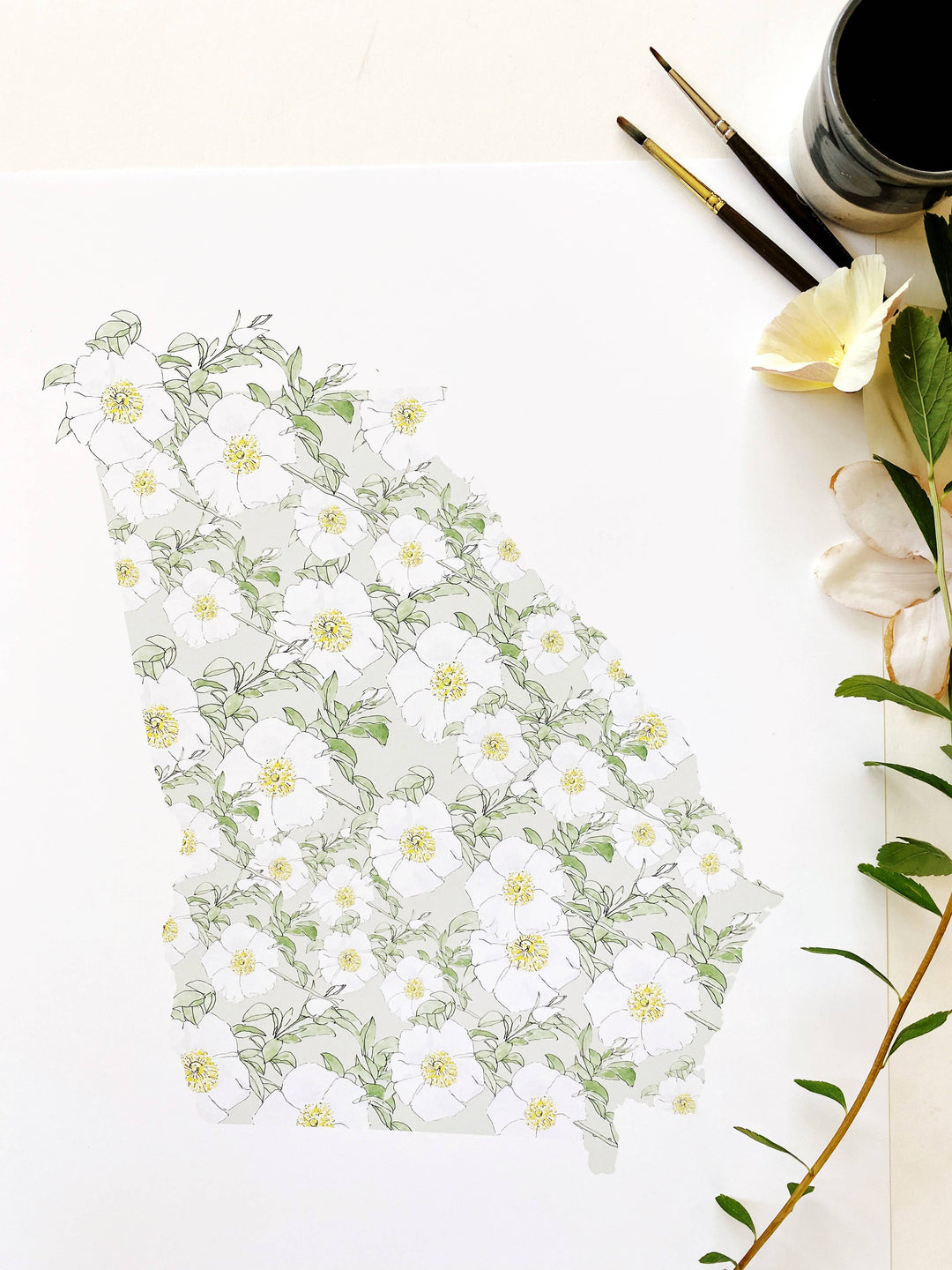 Georgia State Flower Map - ART PRINT  : Watercolor / 8" x 10"