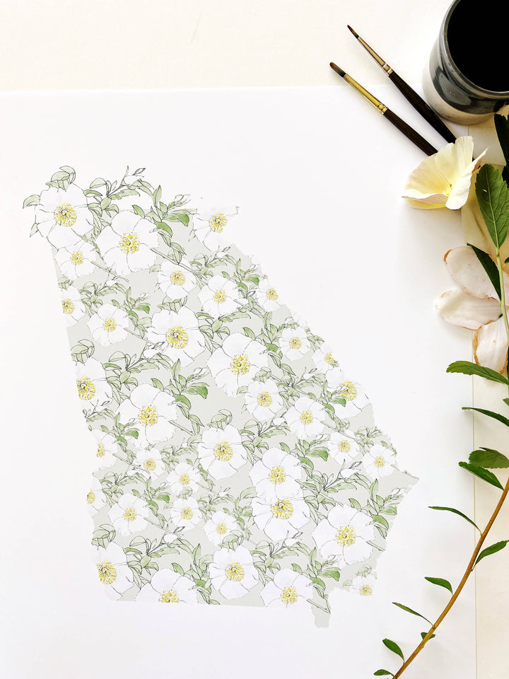 Georgia State Flower Map - ART PRINT  : Watercolor / 8" x 10"