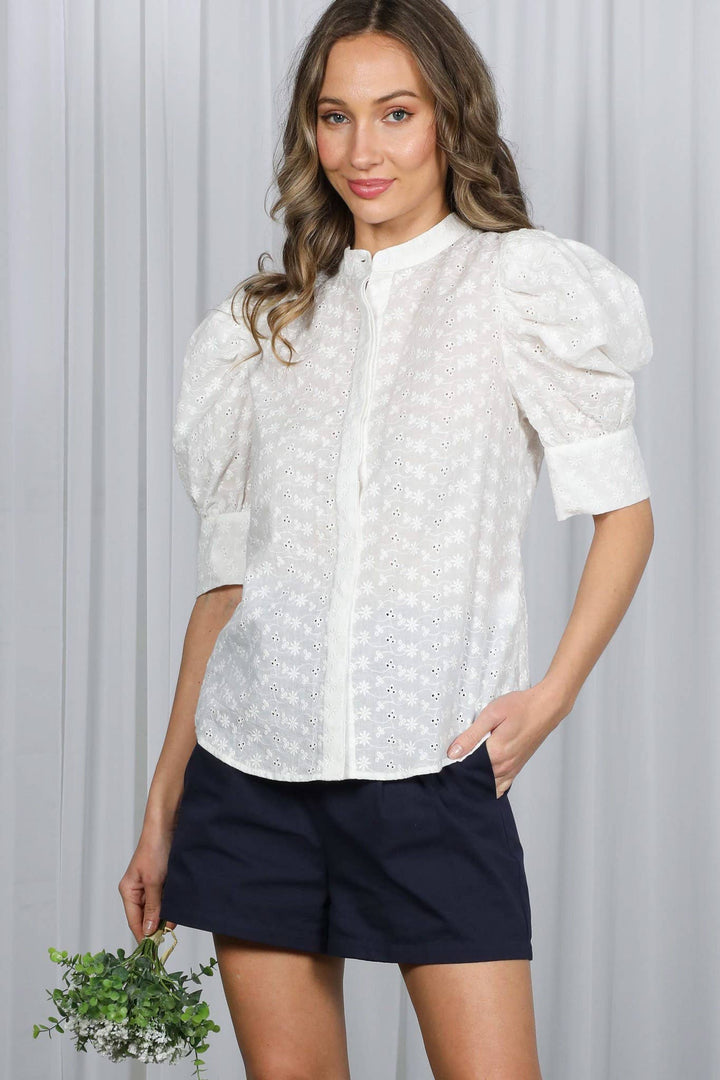 Celeste Floral Eyelet Lace 100% Cotton Puff Sleeve Blouse- Off White - Pine &amp; Moss
