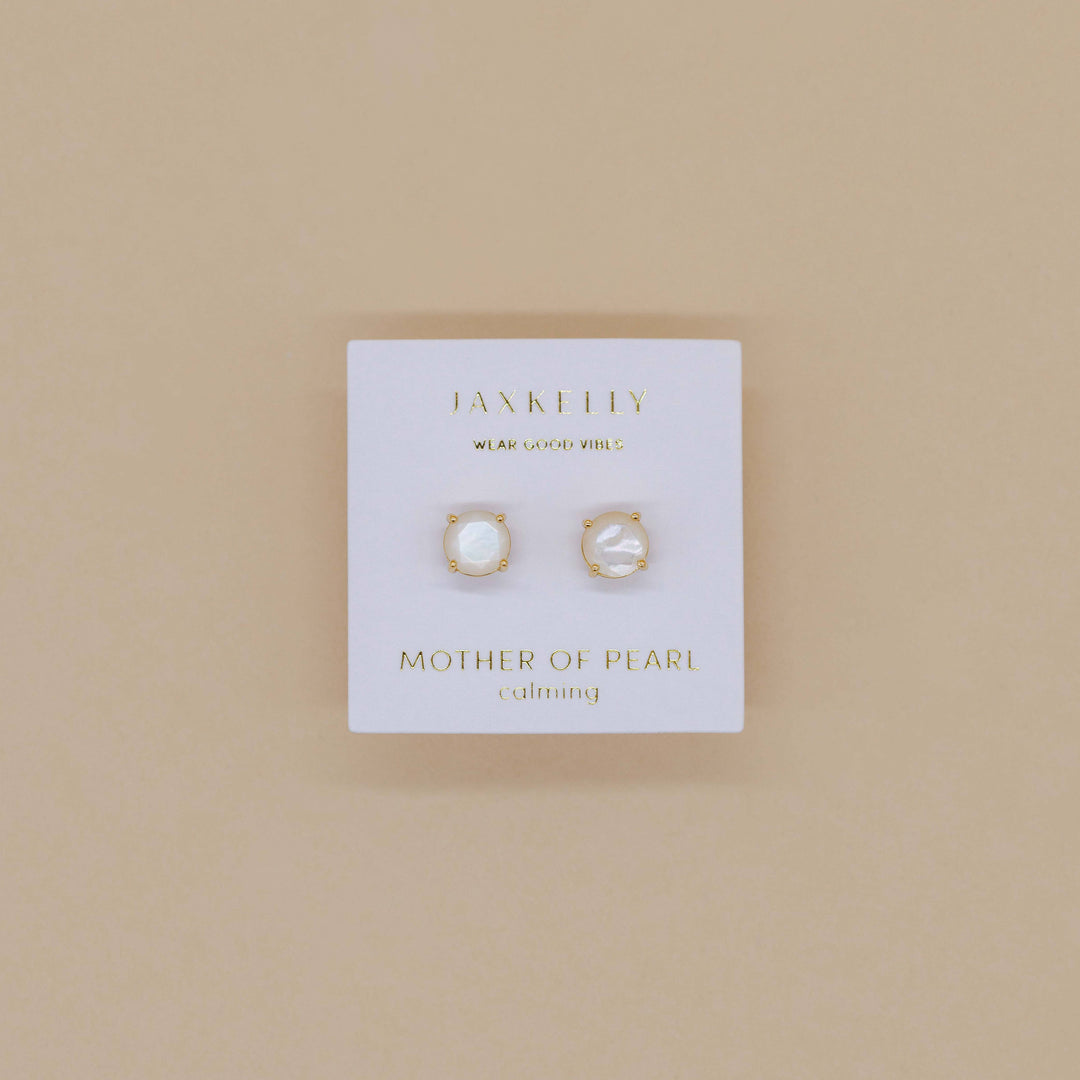 Round - Mother of Pearl Gemstone - Gold Earrings - Pine & Moss