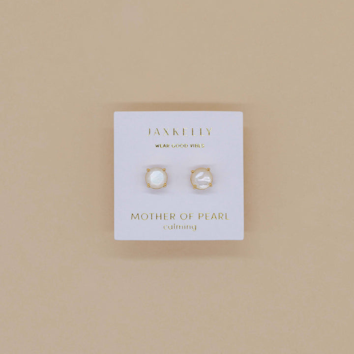 Round - Mother of Pearl Gemstone - Gold Earrings - Pine & Moss