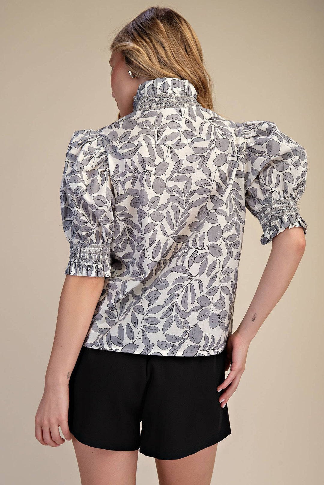 Lila Ruffle V-Neck Smocked Puff Sleeve Blouse- Black - Pine & Moss