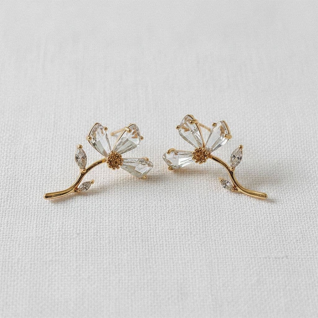 Wildflower- Floral Zircon Sterling Silver Stud Earrings - Pine & Moss