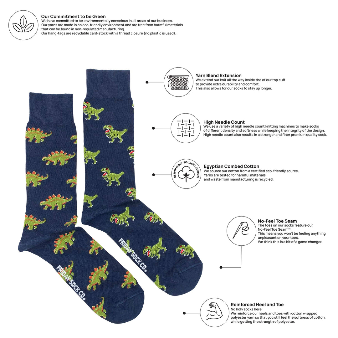 Men's Green Dinosaur Socks: Men's 7 - 12