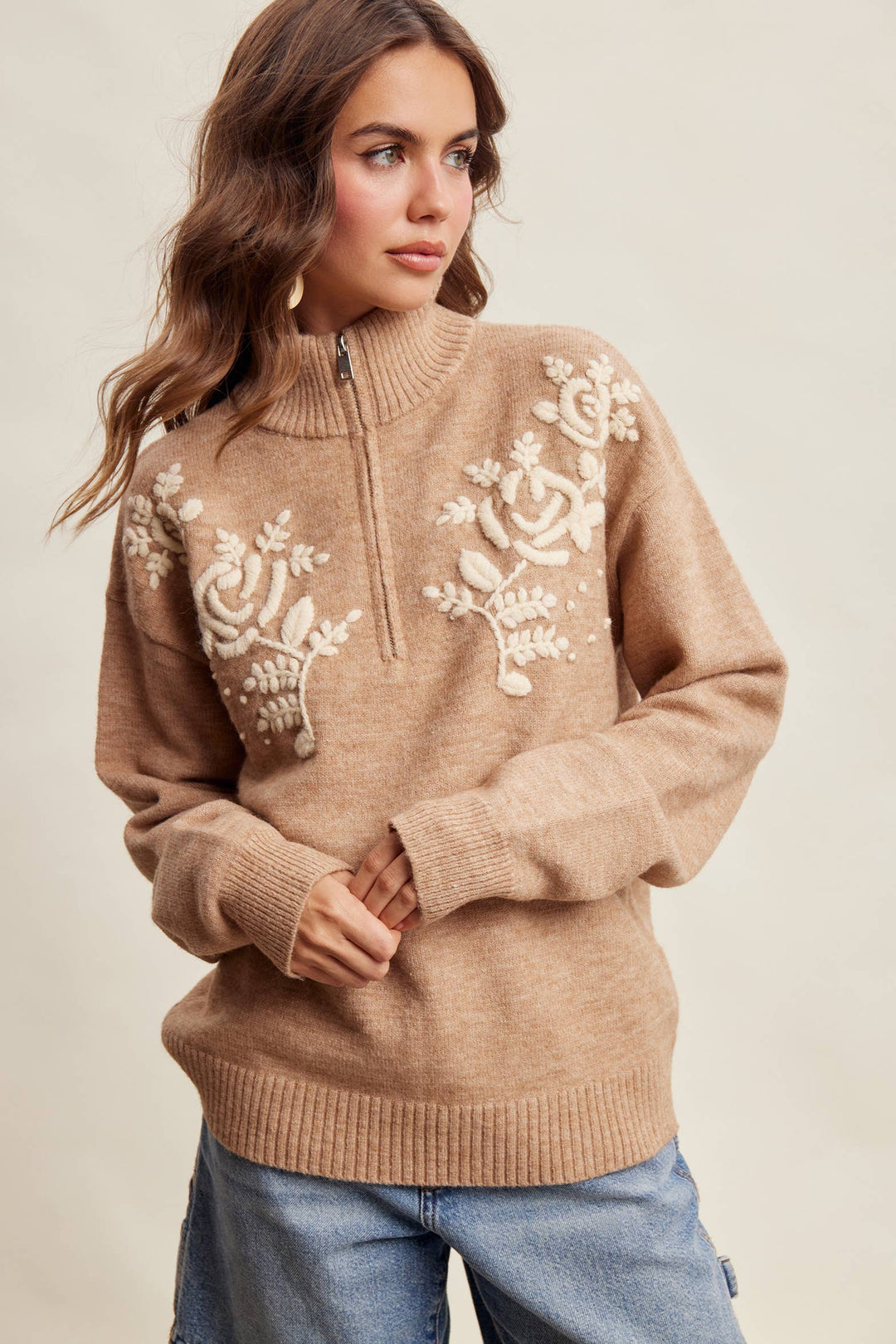 Kristi Floral Embroidered Quarter-Zip Sweater