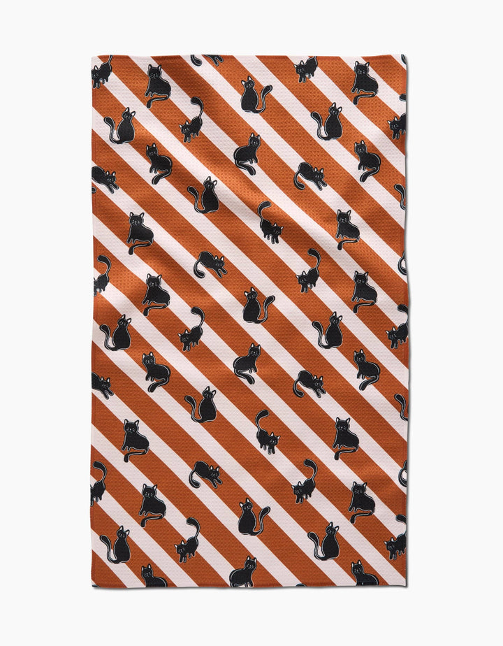 Geometry Striped Black Cats Orange Tea Towel