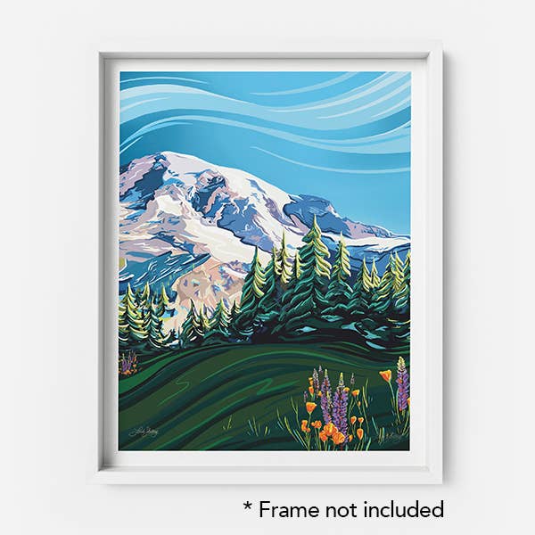Mount Rainier & Wildflowers Art Print - National Park: 5x7