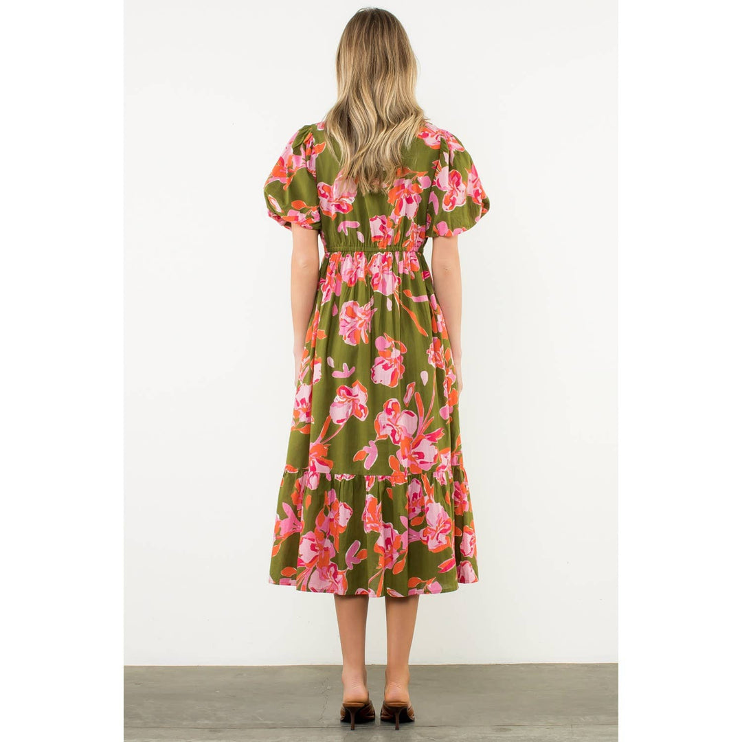 Adelaide- Puff Sleeve Floral Midi Dress - Pine & Moss