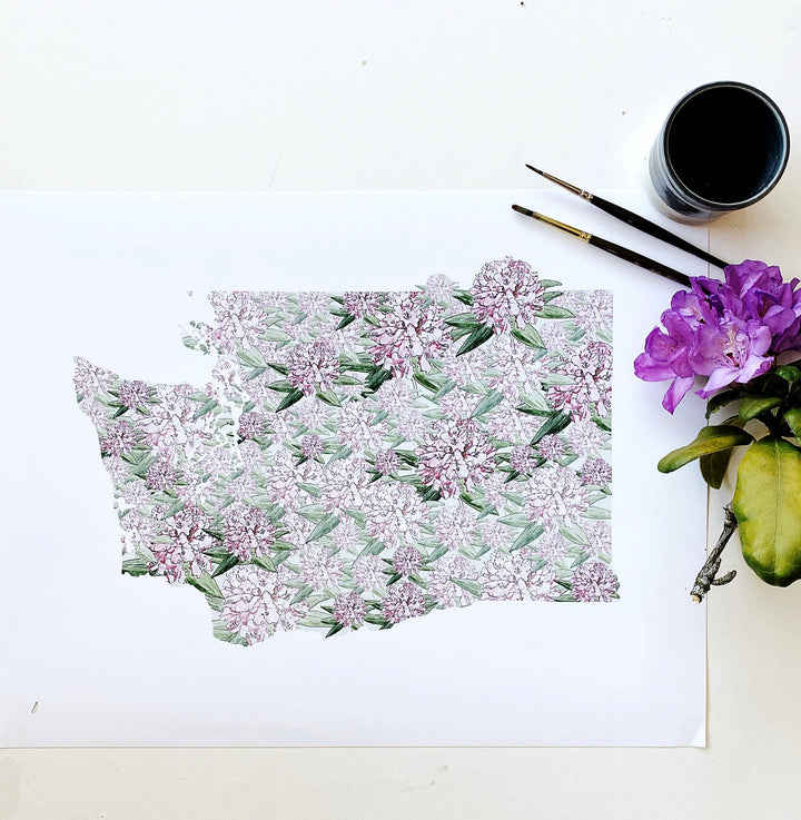 Washington State Flower Map - ART PRINT : Watercolor / 8" x 10"