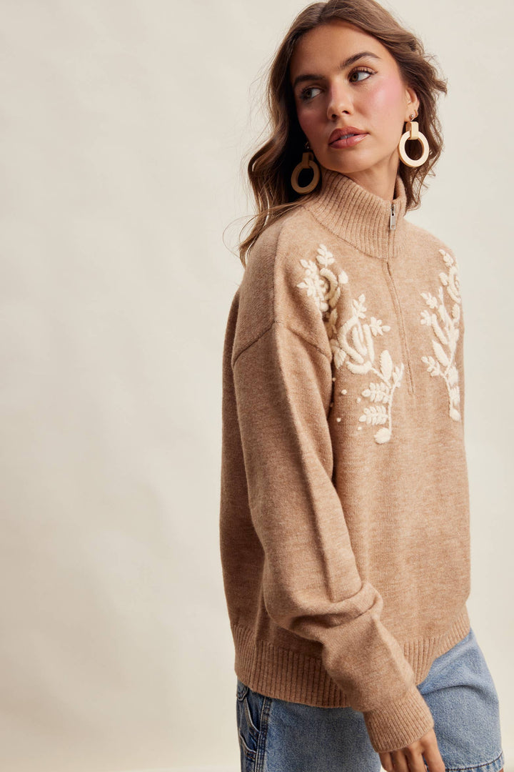 Kristi Floral Embroidered Quarter-Zip Sweater