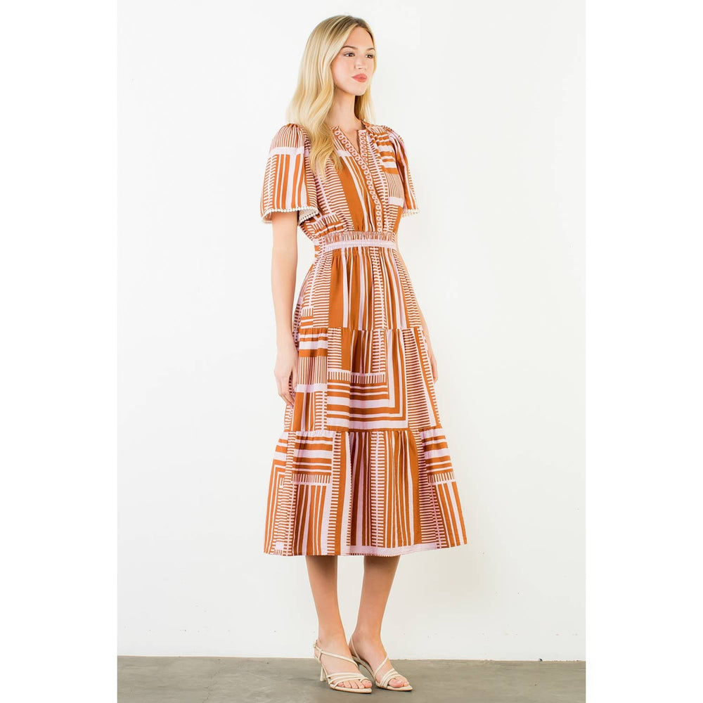 Maribel- Short Sleeve Pattern Smocked Midi Dress - Pine & Moss