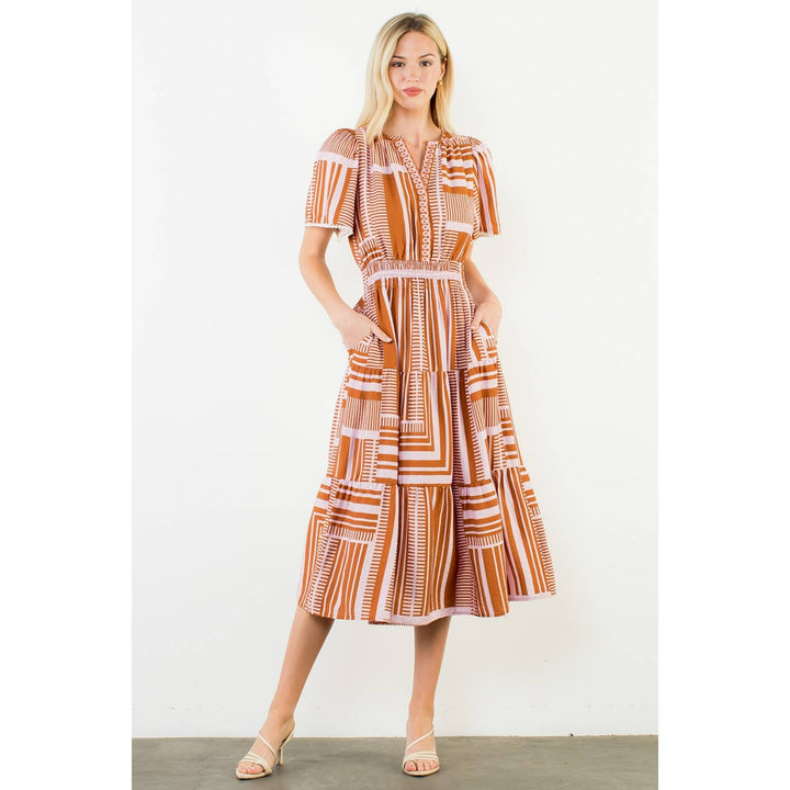 Maribel- Short Sleeve Pattern Smocked Midi Dress - Pine & Moss