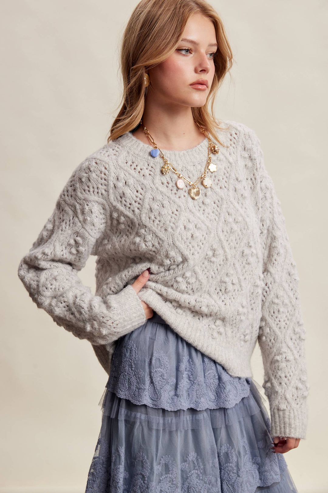 Jodi Bobble Pointelle Knit Sweater