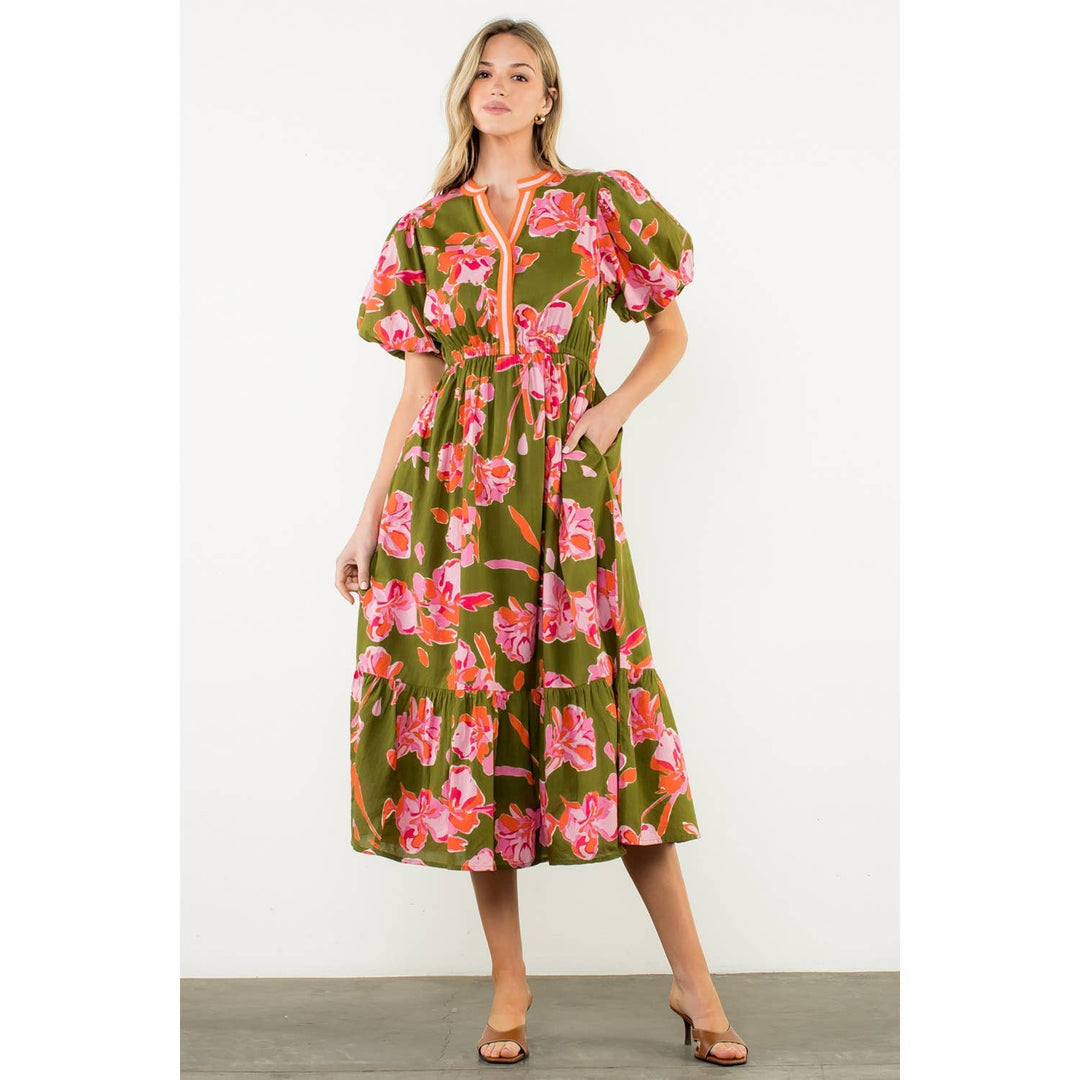 Adelaide- Puff Sleeve Floral Midi Dress - Pine & Moss