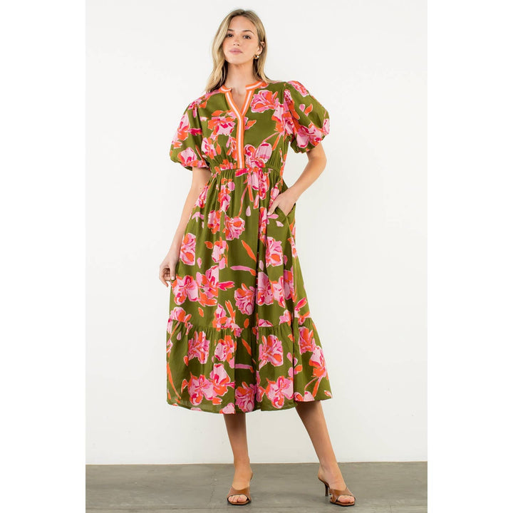 Adelaide- Puff Sleeve Floral Midi Dress - Pine & Moss