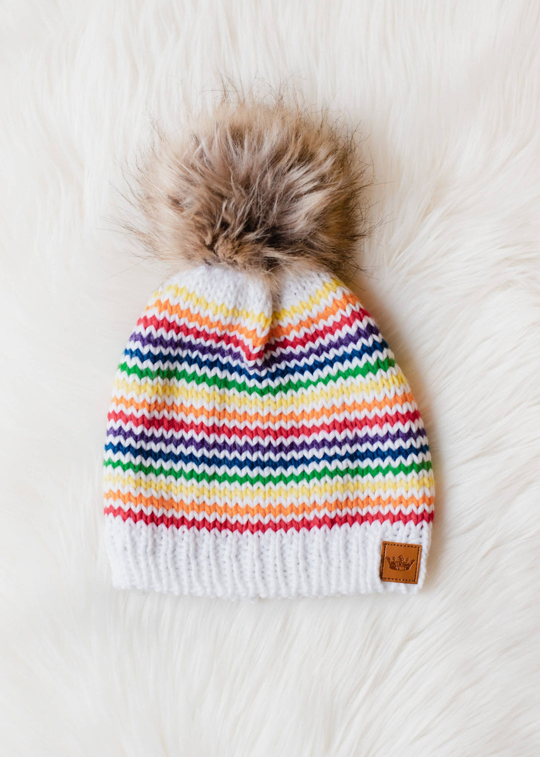 White & Rainbow Striped Pom Hat