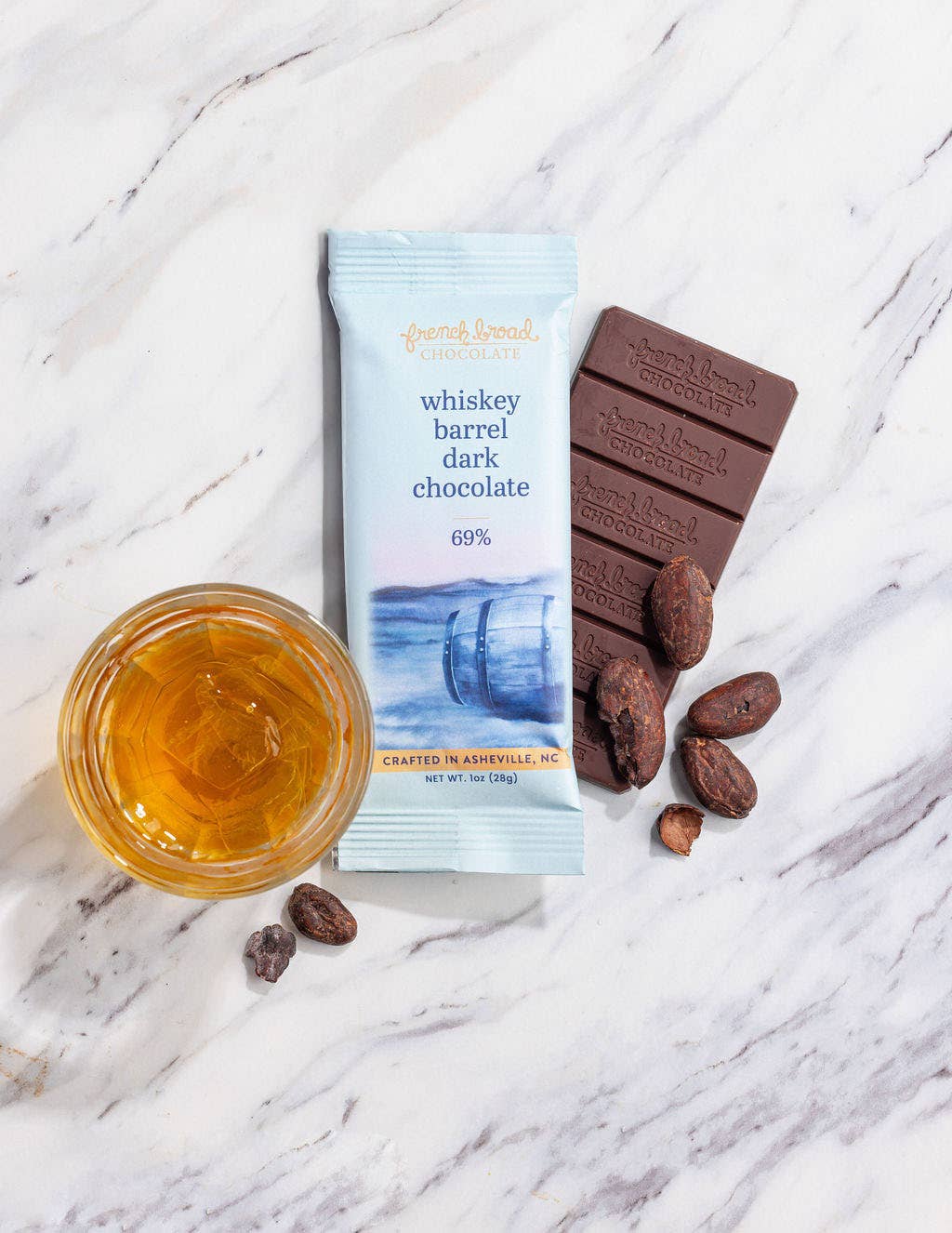 French Broad Chocolate- Whiskey Barrel with Smoked Salt Chocolate Bar 69% - 28g - Pine & Moss