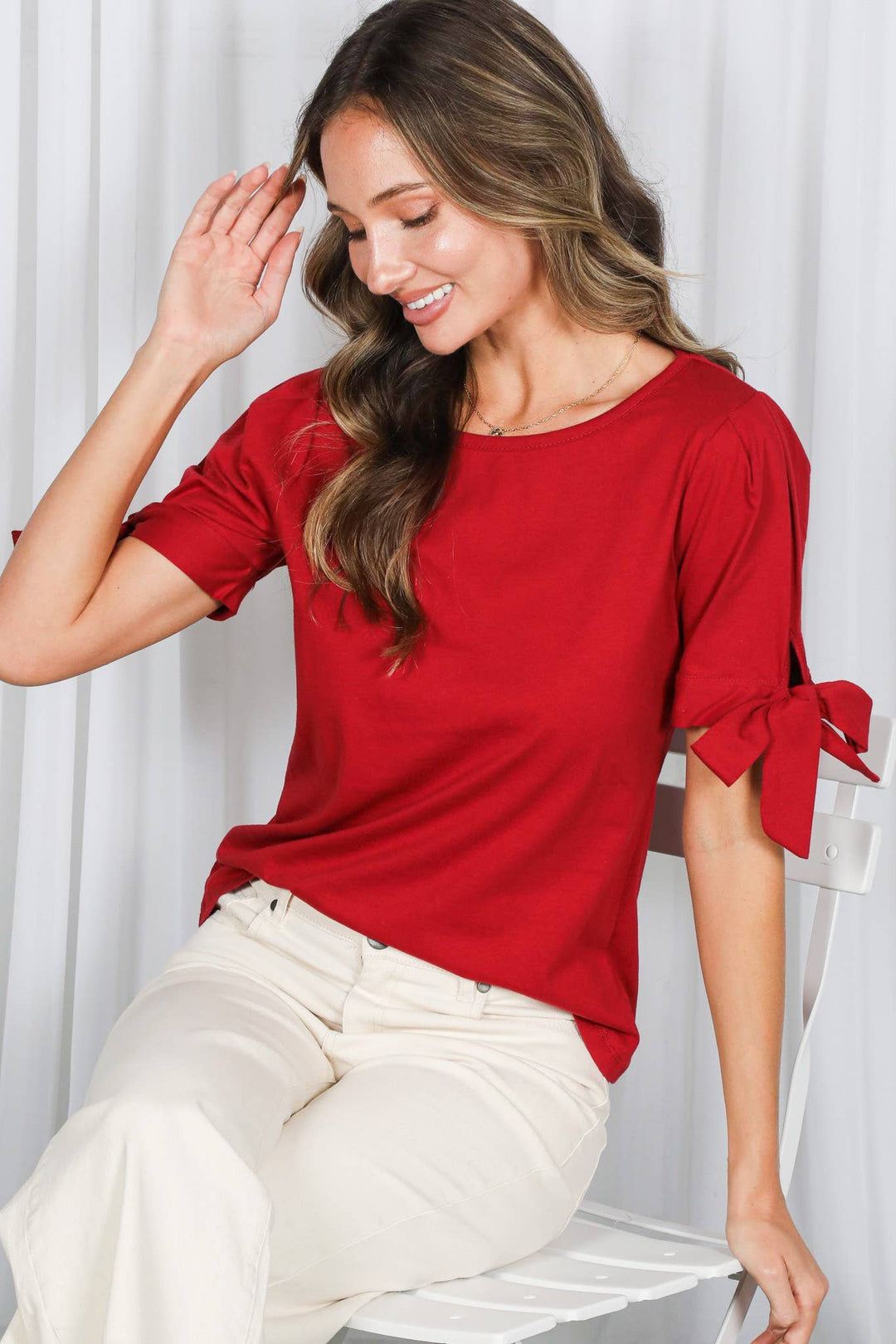 Fleur Round Neck Bow Tie Sleeve 100% Cotton Knit Top- Burgundy - Pine &amp; Moss