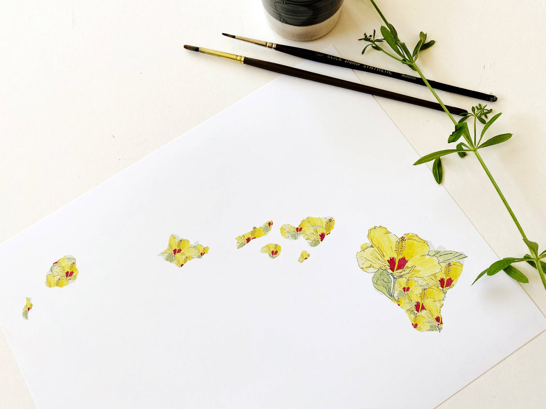 Hawaii State Flower Map - ART PRINT : Watercolor / 8" x 10"