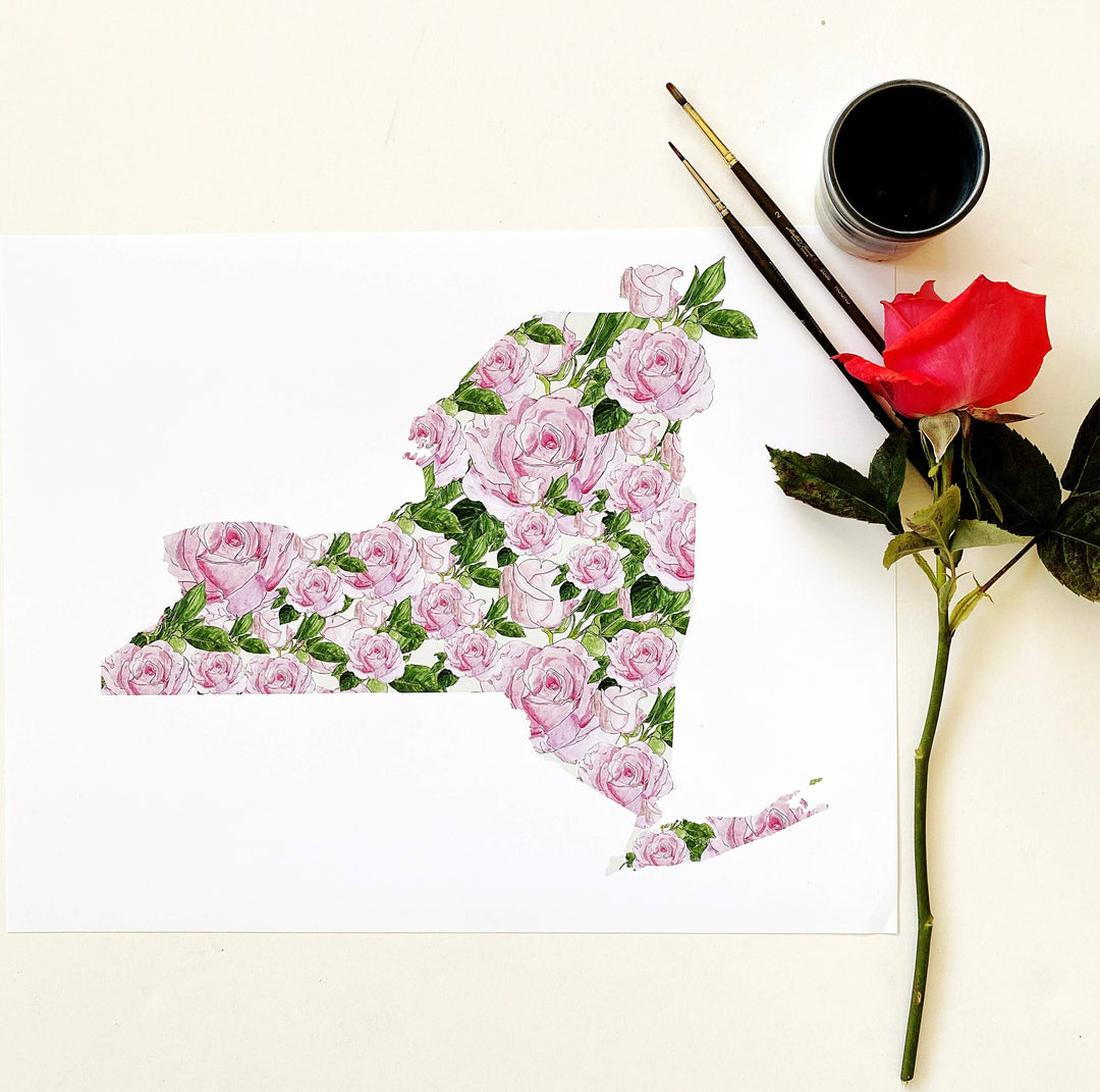 New York State Flower Map - ART PRINT: Watercolor / 8" x 10"