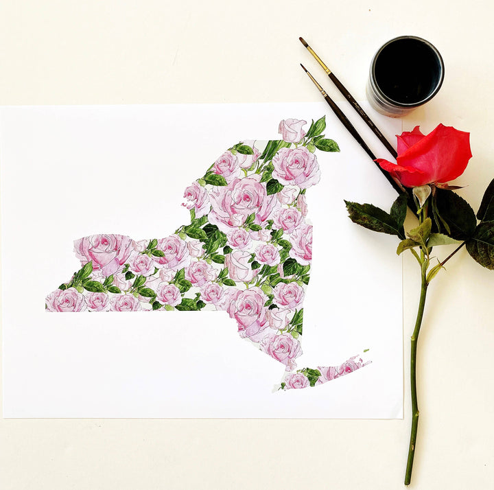 New York State Flower Map - ART PRINT: Watercolor / 8" x 10"