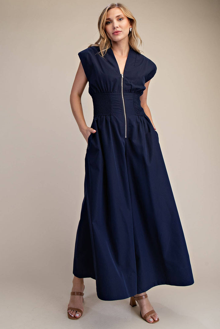 Georgina Cap-Sleeve Smocked Front-Zip Jumpsuit- Navy
