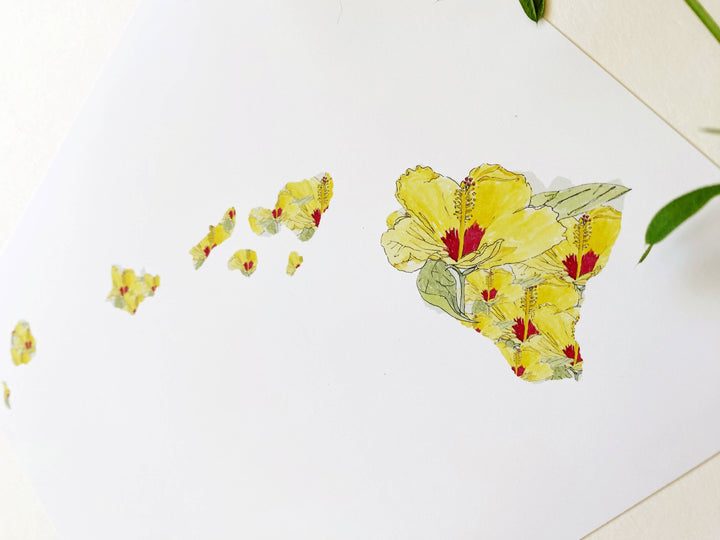 Hawaii State Flower Map - ART PRINT : Watercolor / 8" x 10"