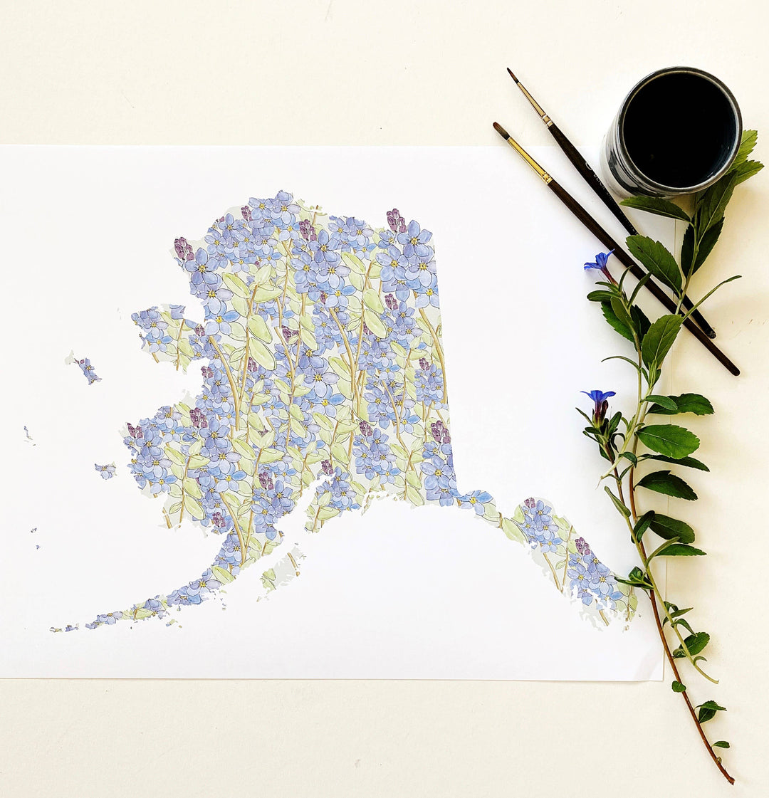 Alaska State Flower Map - ART PRINT : Watercolor / 8" x 10"
